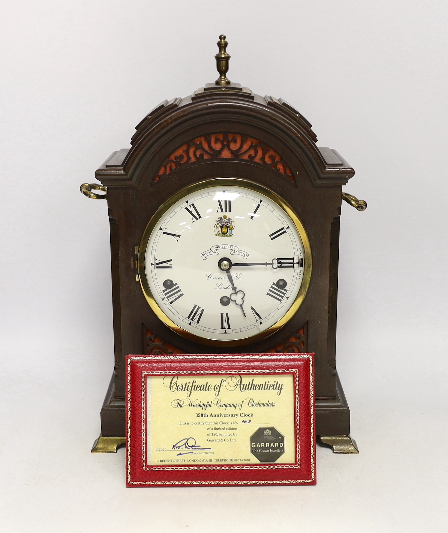 An Elliott for Garrard and Co. limited edition bracket clock celebrating their 350th anniversary, musical triple chime, eight day movement with balance escapement, 43/350, with original key, framed certificate and origin